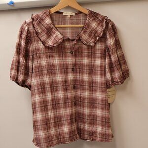 Eden & Olivia Ivory/Berry Plaid Button-Up Blouse With Ruffle Collar - Size L